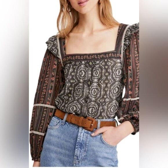 Free People Mostly Meadow Bohemian Printed Puff Sleeves Blouse - Picture 1 of 5